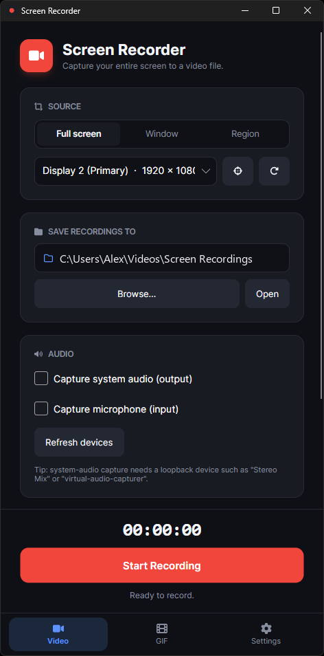 Screen Recorder main window with source selection, save folder, audio options and a record button