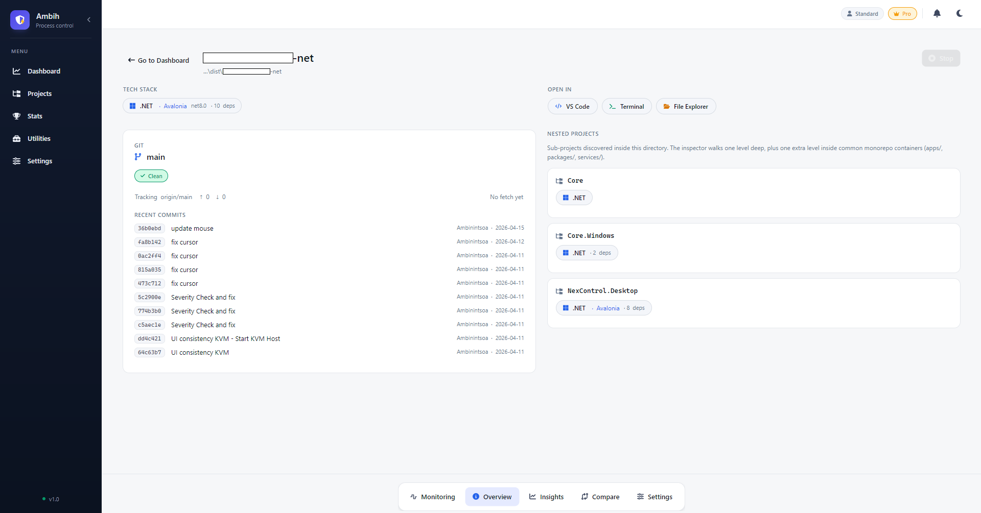 Ambih Monitor project Overview page showing tech stack chips, Git status and nested projects